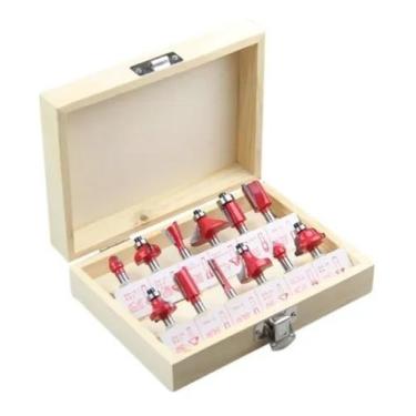 Imagem de Jogo Kit Fresas Tupia 6,35mm Mdf Madeira 12 Peças + Estojo - Importaçã