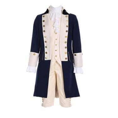Imagem de SFWXCOS Men's Colonial Military Costume Musical Hamilton Alexander Blue Tailcoat Jacket George Washington Costume (Beige, L)