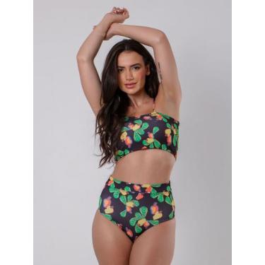Imagem de Conjunto Biquíni Top Faixa Hot Pants Estampado Cintura Alta Verão Moda