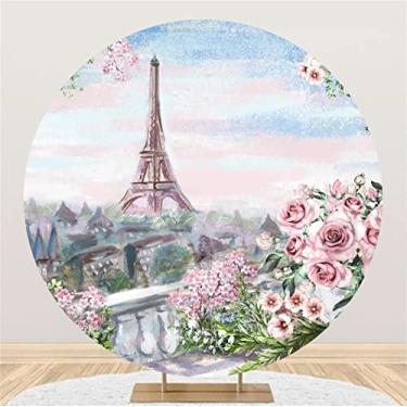 Imagem de DORCEV Cenário de Paris Capa de fundo redonda 2 x 2 m poliéster Torre Eiffel Paris fundo fotográfico para cerimônia de casamento, noivado, festa de aniversário, suprimentos de primavera floral flores