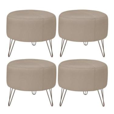 Imagem de Kit 4 Puffs Decorativos Redondo Pés Metal Couro Bege - Gran Belo