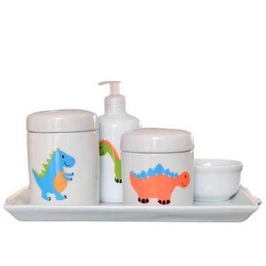 Imagem de Kit higiene bebê Dinossauro 5 peças - Bandeja, potes, porta álcool e m