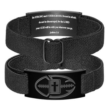 Imagem de KLIFOWDY Pulseiras de futebol com cruz para homens e meninos, pulseiras ajustáveis de aço inoxidável, pulseiras com versículo bíblico, joias cristãs, presentes para homens e meninos, First Communion,