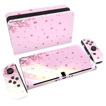 Imagem de PlayVital Conjunto completo de adesivos de proteção para Nintendo Switch OLED, capas de decalque de vinil personalizadas para console Switch OLED e Joycon e Dock & Grip - Flor de cerejeira rosa
