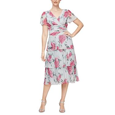Imagem de S.L. Fashions Vestido feminino midi de manga curta com decote em V e cintura franzida, vestido de convidada de casamento (tamanho pequeno e regular), Aloe floral, 46