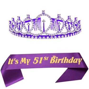 Imagem de Artigos para festa de aniversário de 52 anos para mulheres, faixa de 52 anos e tiara de aniversário, coroas de princesa, decorações de aniversário, lembrancinhas, presente