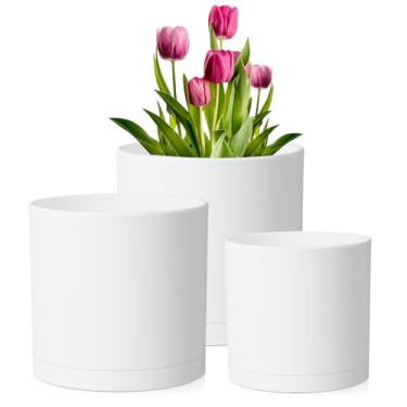 Imagem de Meowell Vasos de flores de 26 cm de profundidade, pacote com 3 vasos altos cilíndricos para plantas internas ao ar livre, vasos de plástico decorativos grandes com orifícios de drenagem e pires para