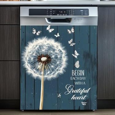 Imagem de Dente-de-leão e borboletas em fundo de madeira padrão lava-louças adesivo magnético decoração de vinil, capa magnética para porta da frente para eletrodomésticos lava-louças geladeira armário 58 cm L