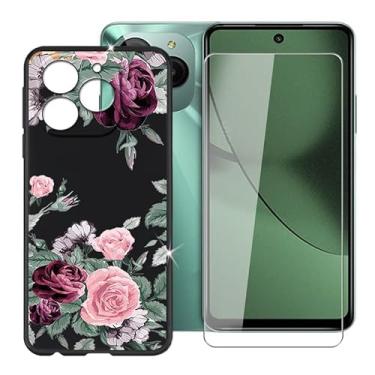 Imagem de Capa para celular BLU G54 (6,6 polegadas) + protetor de tela, capa à prova de choque, capa de silicone macio e TPU antiarranhões + vidro temperado para BLU G54 - Flores