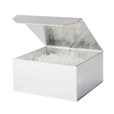 Imagem de PACKGILO 1 caixa de presente pequena prata 20 x 20 x 10 cm, caixa magnética pequena com papel enrugado, prata, caixa de presente pequena com papel desfiado, caixas de presente luxuosas com tampas para