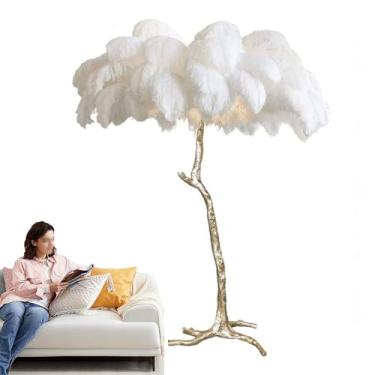 Imagem de Candeeiro de piso de penas de avestruz natural, corpo de resina dourada, lâmpada de LED regulável para o chão, plumas, lâmpadas de cabeceira, iluminação de leitura, lâmpada de ângulo alto com pedal