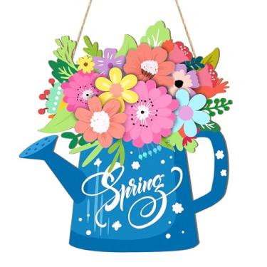 Imagem de Guirlanda de porta de decoração de mola de madeira para placa de porta da frente, sinal de guirlanda de flores azuis Hello Spring Bem-vindo pendurado para decoração de parede de casa festa ao ar livre