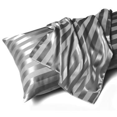 Imagem de MR&HM Capa de almofada corporal de cetim, fronha macia e respirável com fecho de envelope, fronha longa refrescante e sedosa para cabelo e pele, cinza (50 x 54, listrado cinza escuro)