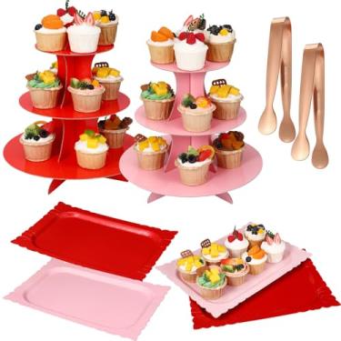 Imagem de Willinglong Conjunto de 8 peças de suporte de bolo, 3 camadas, suporte de cupcake de papelão, torre com 4 bandejas retangulares para servir, 2 pinças de bolo, travessas reutilizáveis, suportes de