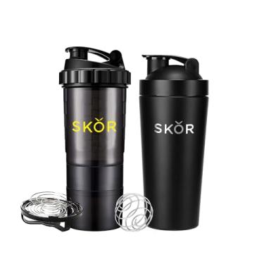 Imagem de SKOR Coqueteleira de proteína | Coqueteleira de aço inoxidável de 800 ml para shake de proteína e copo de smoothie de academia | com coqueteleira de proteína PP de 623 g sem BPA com batedor e