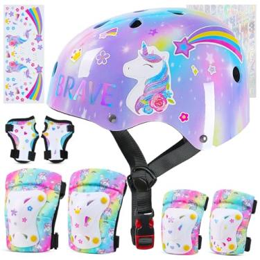 Imagem de FIODAY Capacete de bicicleta infantil, joelheira e cotoveleira, conjunto de equipamento de proteção ajustável com adesivo DIY para meninas de 3 a 5 a 8 anos para skate, patinação em linha, scooter