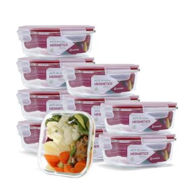 Imagem de Kit 10 Potes Vidro Hermético Trava Quadrado 800ml Marmita