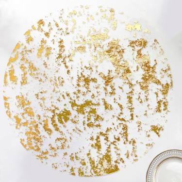 Imagem de Sunlunckystar Jogo americano descartável dourado conjunto de 100 tapetes metálicos finos redondos de 33 cm de malha prensada para outono, pacote com 100 placas carregadoras para casamento, festa de