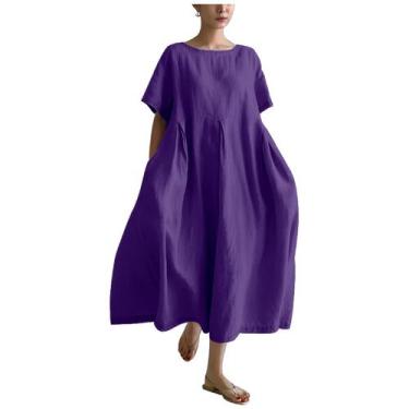 Imagem de Vestido casual MARSVOVO Deep Purple, algodão, linho, plus size 2GG, fe