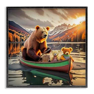 Imagem de Stupell Industries Urso e amigos no barco design de parede giclée emoldurado preto por Alina Georgescu, 12 x 12