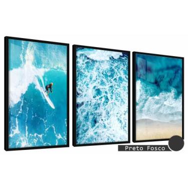 Imagem de Quadros Decorativos Kit 3 Moldura e Vidro Imenso Mar Surf - Belo Quadr