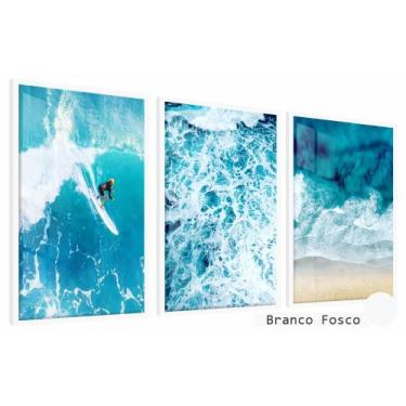 Imagem de Quadros Decorativos Kit 3 Moldura e Vidro Imenso Mar Surf - Belo Quadr