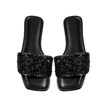 Imagem de BEAUDRM Pantufas femininas de couro PU com pérolas e bico aberto, sandálias deslizantes, Preto, 36