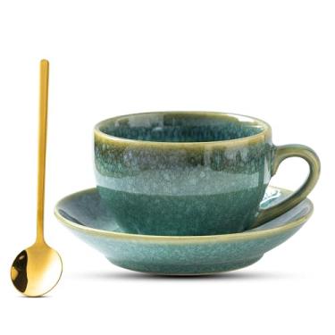 Imagem de Xícara de café de porcelana com colher de pires, xícara de chá de café expresso de cerâmica de design vintage cappuccino barista com pires (330 ml, 350 ml, verde cristal)
