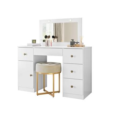 Imagem de Penteadeira Com Espelho Led Camarim Sonhos Quarto Meninas Maquiagem Moderna 121 Cm X 48 Cm X 137 Cm Cor Branco