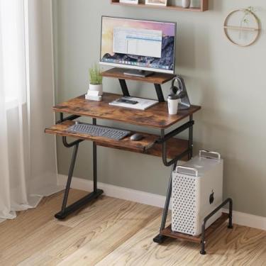 Imagem de LINGMI Mesa de jogos/computador, mesa pequena para escritório doméstico com suporte para monitor, mesa de escrita rústica, suporte de torre de computador desmontável, espaço de armazenamento ajustável