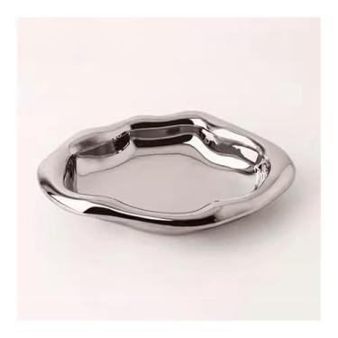 Imagem de Bandeja de serviço Bandeja decorativa criativa, bandeja de armazenamento de cerâmica, lanche de frutas, chá da tarde, suco, pastelaria, casa, xícara de chá Bandeja decorativa(Silver)