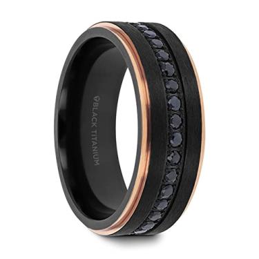 Imagem de Aliança de casamento masculina de titânio preto banhado a ouro rosa dentro de configurações de safira preta - ajuste confortável escovado plano - 8 mm de largura - Nome do estilo: ASTRO, Metal