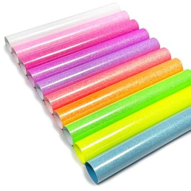 Imagem de Efuncro - Folhas De Vinil Transferência Térmica Htv Com Glitter 30 Cm X 25 Cm, Para Passar A Ferro Em Camisetas E Bolsas. Todas As Máquinas Corte Fácil Cortar Remover (Fluorescente Multicolorido)