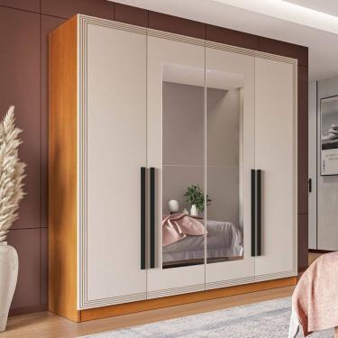 Imagem de Guarda-Roupa Casal Valência 4 Portas 4 Gavetas com Espelho Freijó/Creme - Politorno