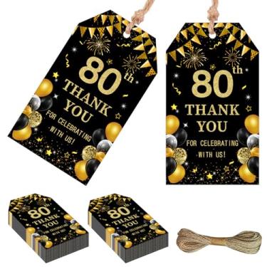 Imagem de Serencatcher Etiquetas de agradecimento de aniversário de 80 anos pretas e douradas - 50 peças, etiquetas de presente de lembrancinhas de aniversário de 80 anos com cordão 4 x 9 cm para homens e