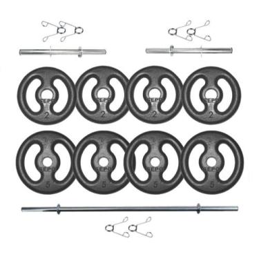 Imagem de Kit Anilhas Ferro Fundido 28 Kg + Barras com Presilhas - SEPO