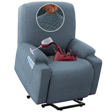 Imagem de H.VERSAILTEX Capa reclinável elástica 100% à prova d'água, capa de cadeira reclinável elétrica para idosos com bolso lateral, jacquard grosso macio, médio, azul pedra