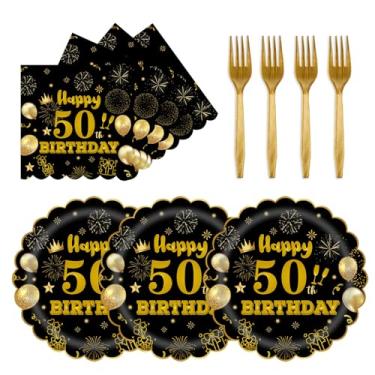 Imagem de Pratos e guardanapos para festa de aniversário de 17,8 cm 50, suprimentos de festa, 75 peças de pratos de papel recortado em ouro preto, guardanapos de 16,5 polegadas com garfos dourados de 16,3