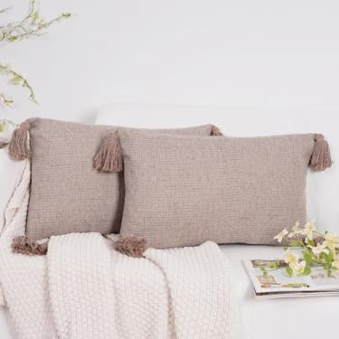 Imagem de WOHUILAIL Capas decorativas para almofada lombar de linho de algodão natural 30 x 50 cm Boho Farmhouse Neutral Pillow Cover com borlas Pacote com 2 fronhas decorativas para área externa almofada de