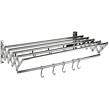 Imagem de Suporte de parede Airer de aço inoxidável retrátil Airer linha de lavagem, suporte para secador de cavalo montado na parede, prateleira de toalha extensível dobrável interna com ganchos pendurados