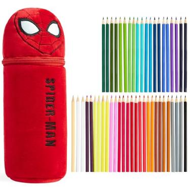 Imagem de Marvel Estojo de lápis com 48 lápis de colorir incluídos – Estojo de pelúcia infantil com enchimento do Homem-Aranha – Presentes para crianças, Homem-Aranha Vermelho, One Size, Estojo de lápis