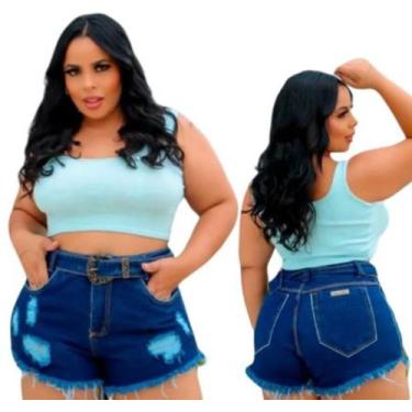 Imagem de Short jeans feminino com detalhe desfiado curto elegante na cor azul e