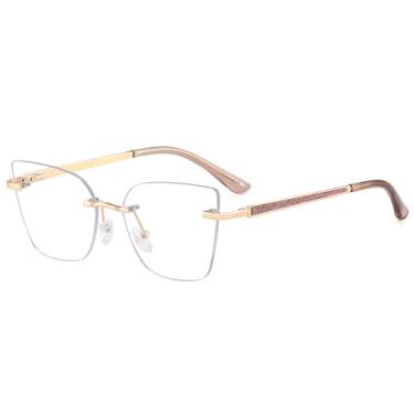 Imagem de Óculos quadrados sem aro com lentes transparentes e armação feminina, Moldura marrom dourada