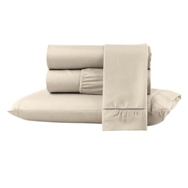 Imagem de Kit Jogo Lençol Cama Box Casal Queen 400 fios Micropercal 03 Peças Ponto Palito (BEGE, SOLTEIRO)