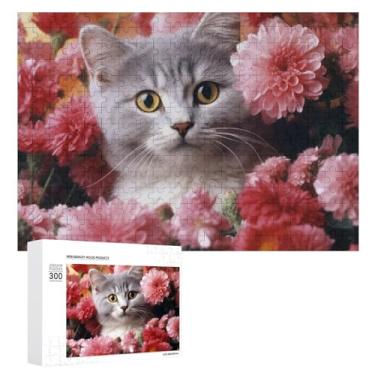 Imagem de Quebra-cabeça 500 peças personalizado gato em flores quebra-cabeça para adultos quebra-cabeça de imagem de madeira quebra-cabeça desafiador com saco de armazenamento quebra-cabeça reunião familiar