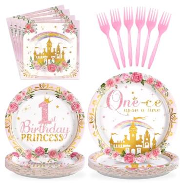 Imagem de Grencian 96Pcs Princess Party Supplies for Girls Baby Shower 1st Birthday Party Plates and Napkins Castle Themed Birthday Decorations Once Upon A Time Tableware Set for One Year Old Fairytale Parties