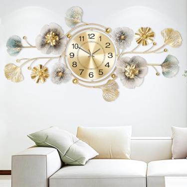 Imagem de JXQXYN Relógios de parede para decoração de sala de estar, relógio de parede grande silencioso, design de folha de ginkgo de metal 3D, pode ser suspenso vertical ou horizontalmente, relógio de parede