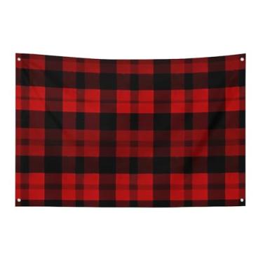 Imagem de Bandeira xadrez vermelha e preta 61 x 89 cm sem desbotamento bandeira de boas-vindas jardim quintal casa bandeiras decorativas jardim quintal bandeira interior exterior festa decoração de casa