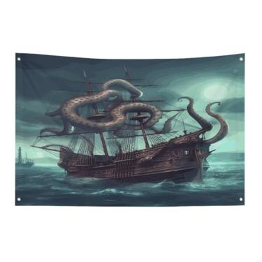 Imagem de Bandeira com quatro furos bandeiras para todos os climas polvo navio impresso bandeira decorativa bandeiras de poliéster adequadas para uso interno e externo 89 x 159 centímetros