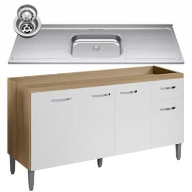 Imagem de Balcão de Cozinha com Pia Inox 150cm Gabriela Amêndoa/Branco - AJL Móv